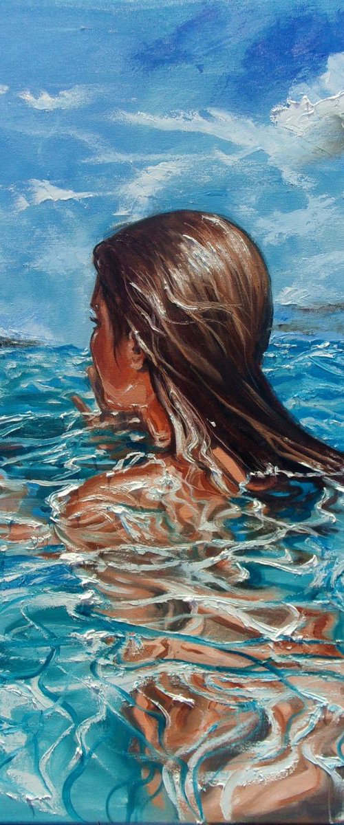 " LOOK BEYOND THE HORIZON ... " SEA original painting palette knife GIFT MODERN URBAN ART OFFICE ART DECOR HOME DECOR GIFT IDEA by Monika Luniak