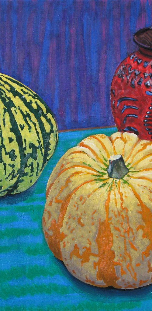 Squashes, Clementine and Vase by Richard Gibson