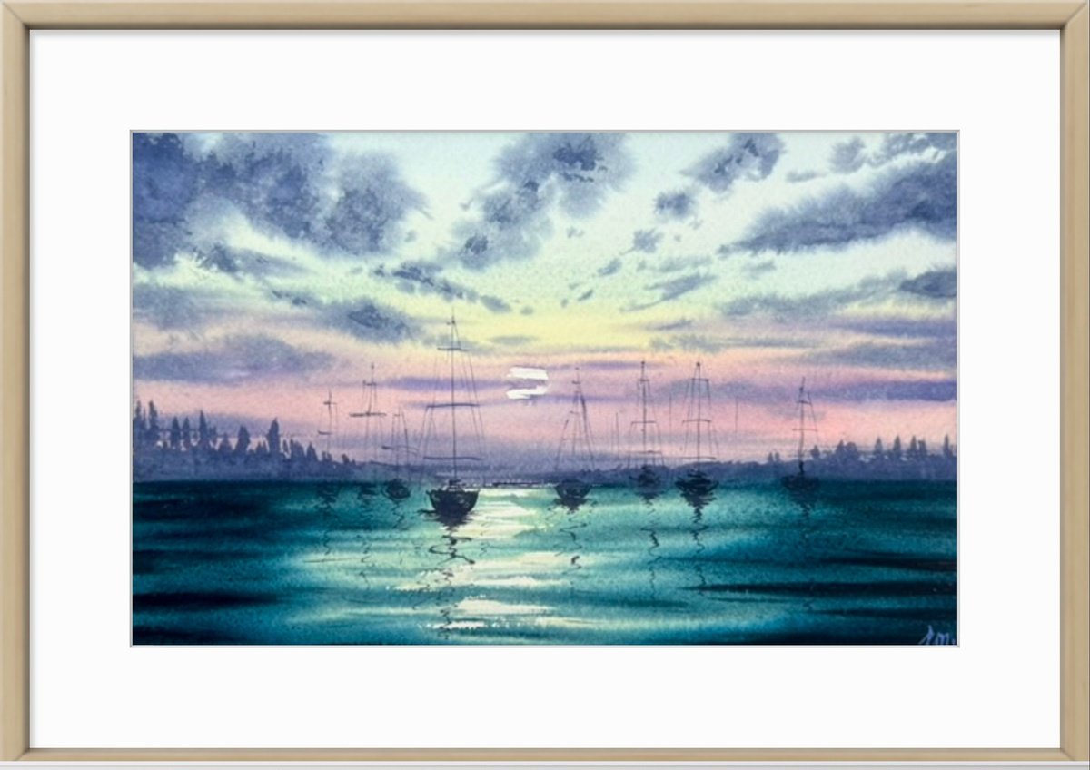 Impressionistic Giclee Print , Moonlight On The Sea Yachts By Yuliia Sharapova, 21 X 13, Artwork For Sale On Artfinder
