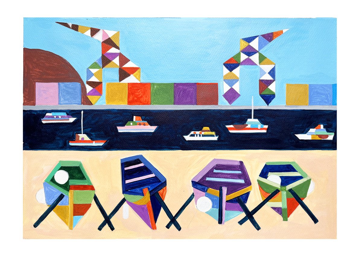 Urban And Pop Landscape Acrylic Painting By Andre Baldet, 18 X 13, Las_Palmas-Gran_Canaria-02, Original Artwork