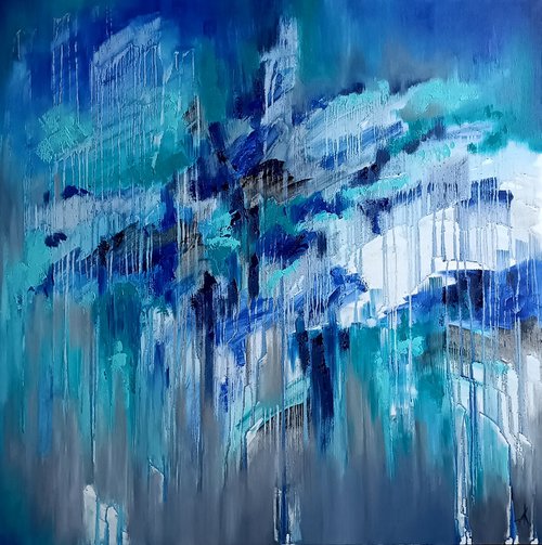 Blue Lagoon - abstraction, oil, original oil painting on canvas, drips painting, blue colors, impressionism by Anastasia Kozorez