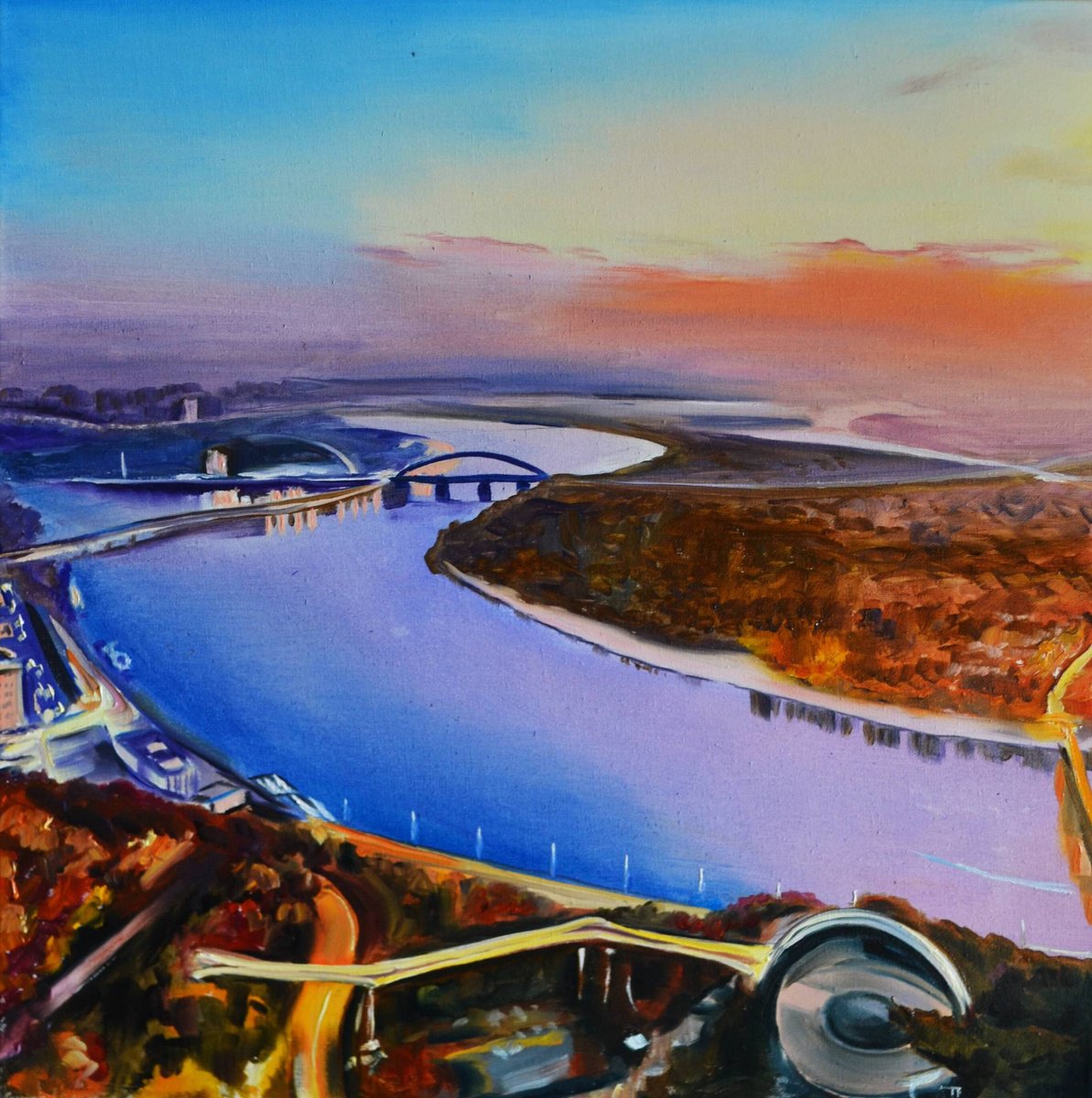 Cityscapes Oil Painting By Valeriia Radziievska, 18 X 18", Evening Kyiv, Original Artwork