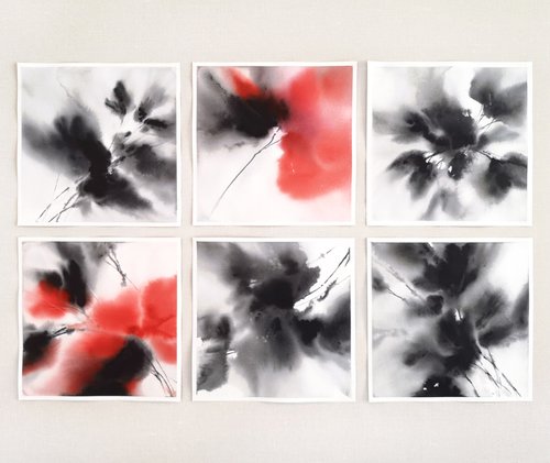 Black ans red abstract flowers Set of 6 by Olga Grigo