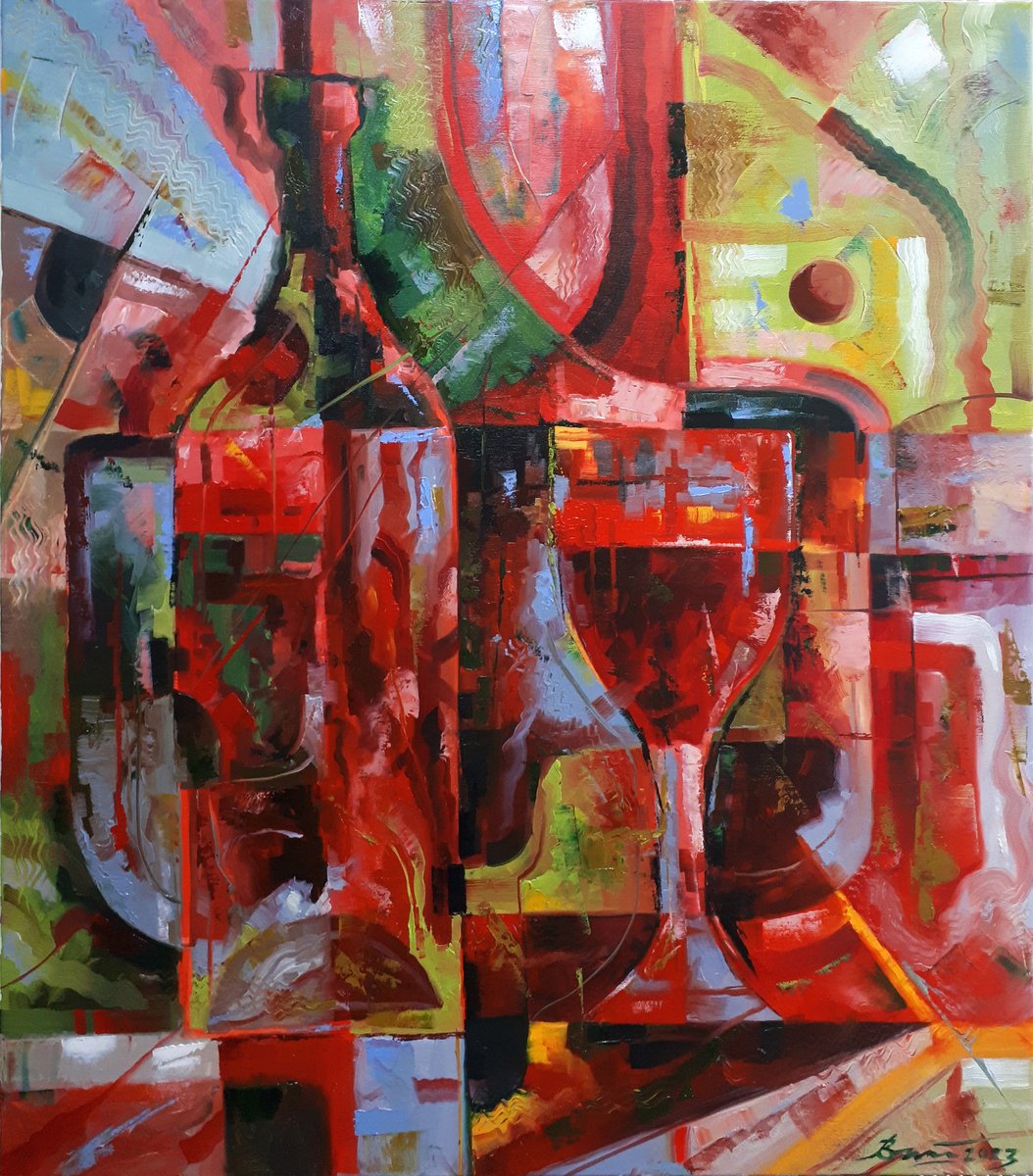 Geometric Abstract Oil Painting By Serhii Voichenko, 28 X 32", Cherry Wine, Original Artwork