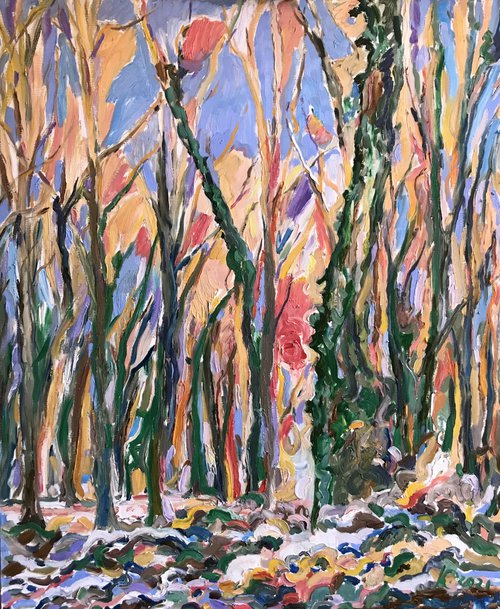 MORNING IN THE WINTER FOREST - original landscape painting, oil on canvas, impressionist art 120x100 by Karakhan