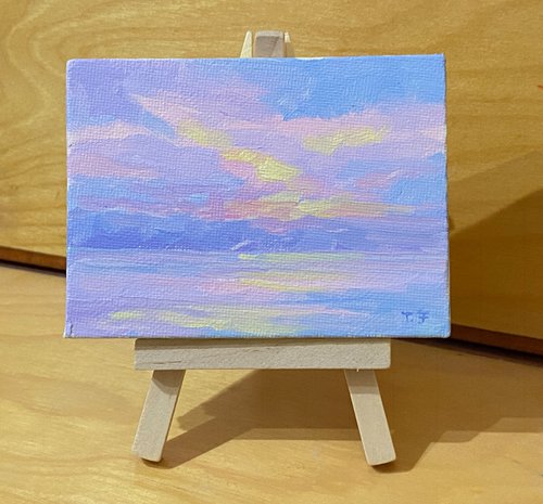 Pink Clouds Reflections Miniature Oil Landscape by Tatyana Fogarty