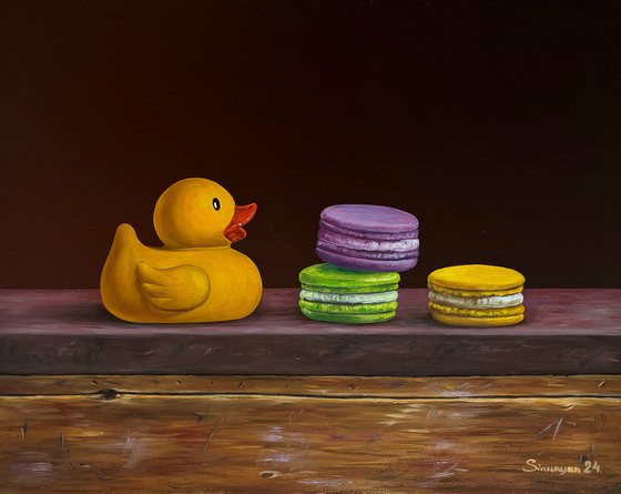 Still life swimming duck with croissant