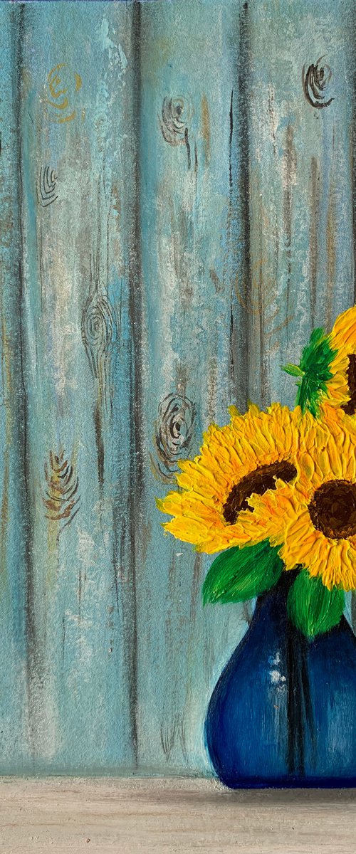 Sunflowers in blue vase ! Still life painting with sunflowers! A4 size Painting on paper by Amita Dand