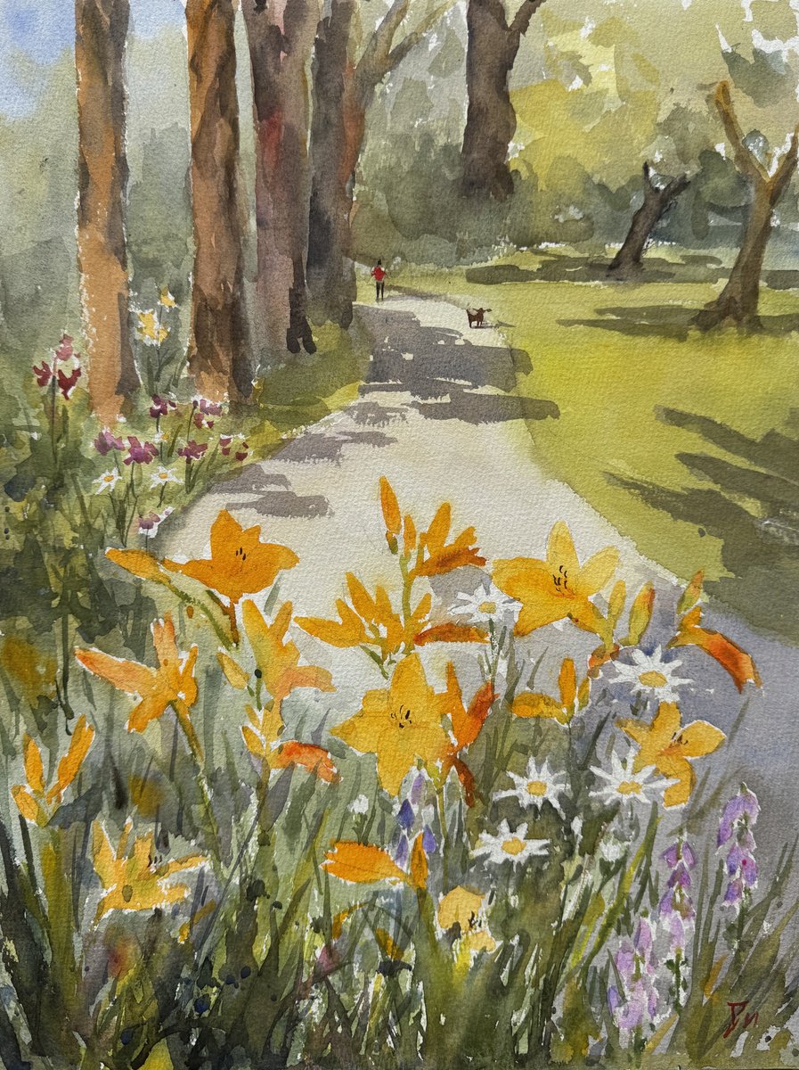 Impressionistic Botanical Watercolour By Shelly Du, 12 X 16", Hamburg Park, Original Artwork