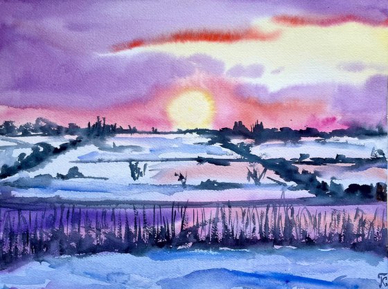 Winter Watercolor Painting, Sunset Landscape Original Wall Art, Snowy Nature Artwork, Christmas Home Decor