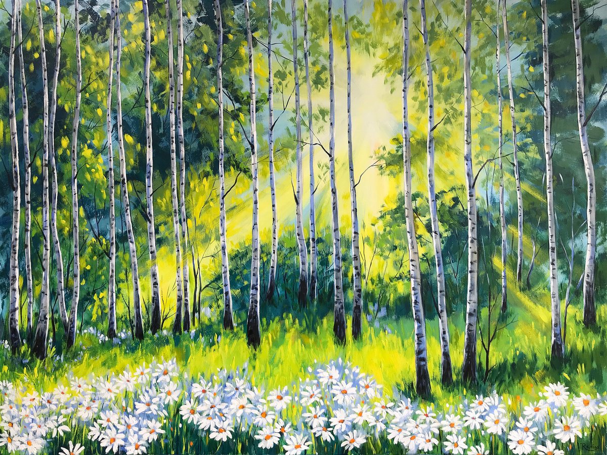 Impressionistic Landscape Acrylic Painting By Irina Redine, 40 X 30, Birch Grove And Daisies, Original Artwork