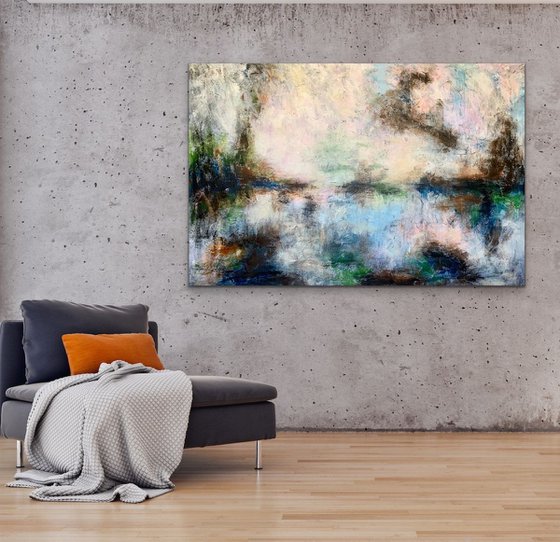 78''x53''(200x135cm), Magnificent Earth 14, blue, pink, cream, green black, texture, land earth colors canvas art  - xxxl art - abstract art painting- extra large art