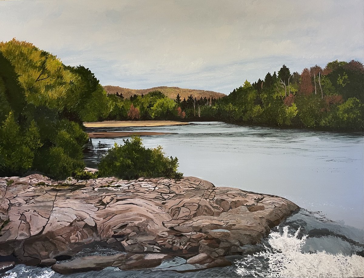 Photorealistic Landscape Acrylic Painting By Anne Shaughnessy, 40 X 30, Waterfalls In Brebeuf, Quebec, Original Artwork