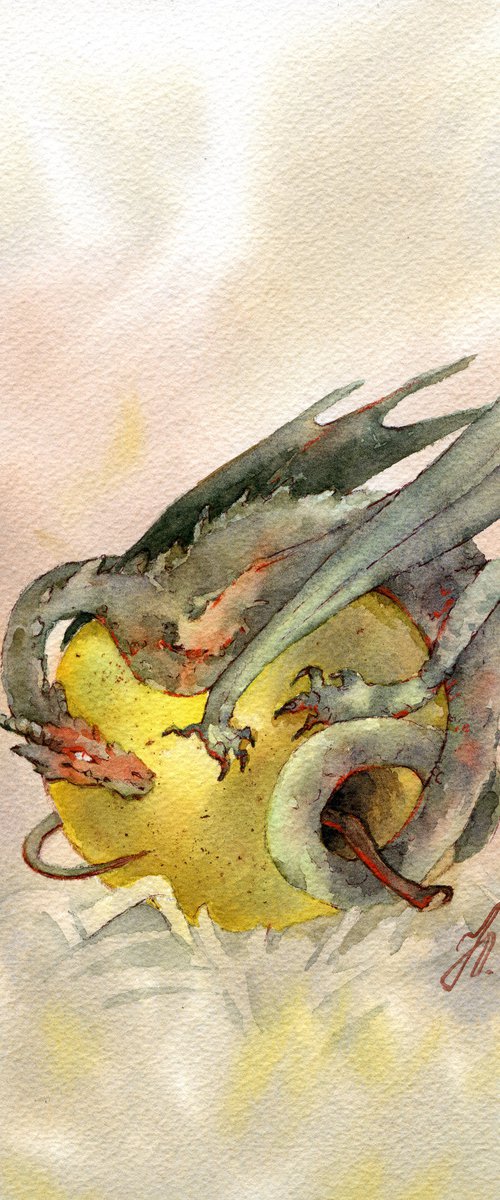 Dragon on apple in Watercolor, Fantasy by Yulia Evsyukova by Yulia Evsyukova