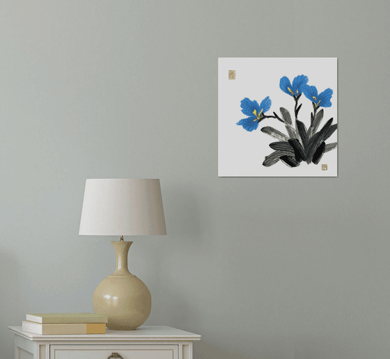 Blue Irises and Red Ladybug