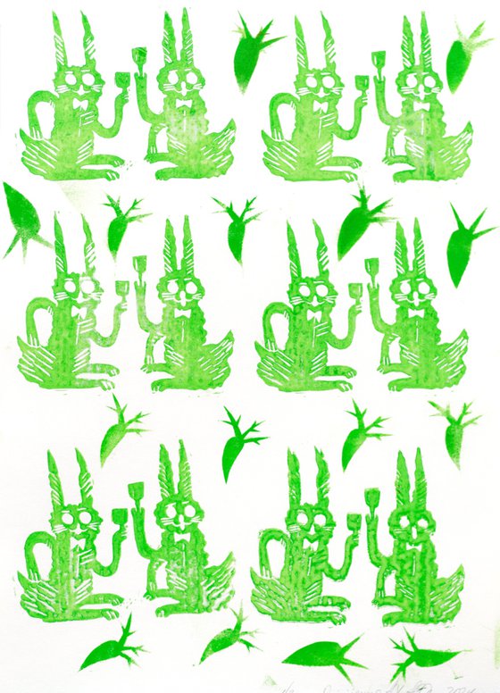 Experimental linocut. Green hares.