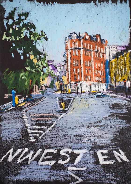 London walk. Original oil pastel painting. Small city street scene impressionism impression architecture decor travel UK england urban