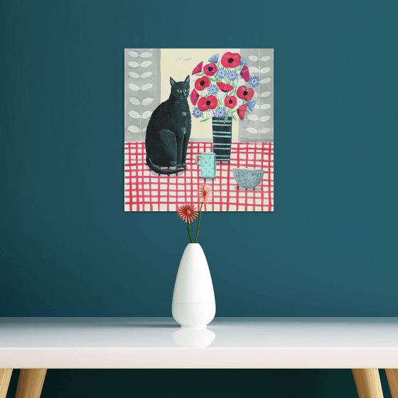 Black Cat with Flowers