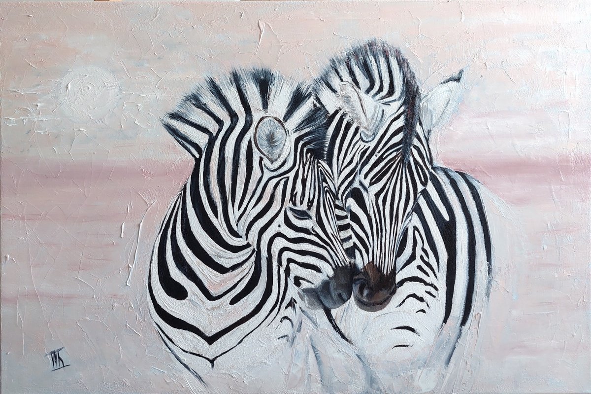 Zebras on pink by Ira Whittaker