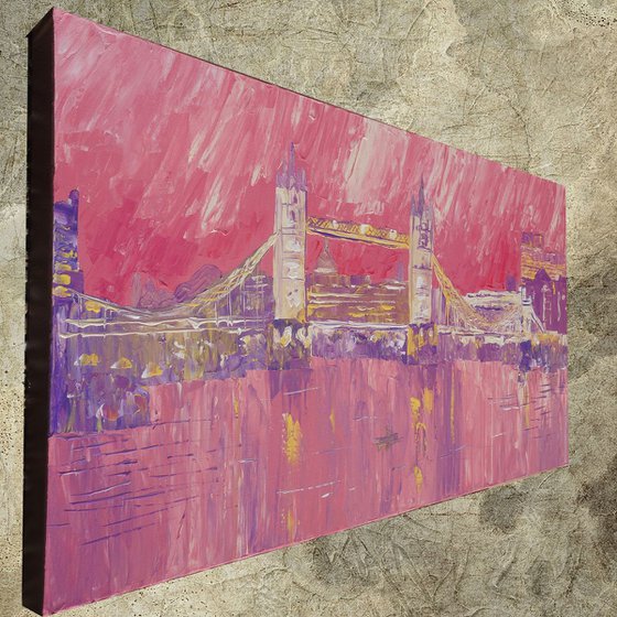 London palette knife painting 60x120x4 cm S040 Large painting Thames pink decor original big art ready to hang painting acrylic on stretched canvas wall art