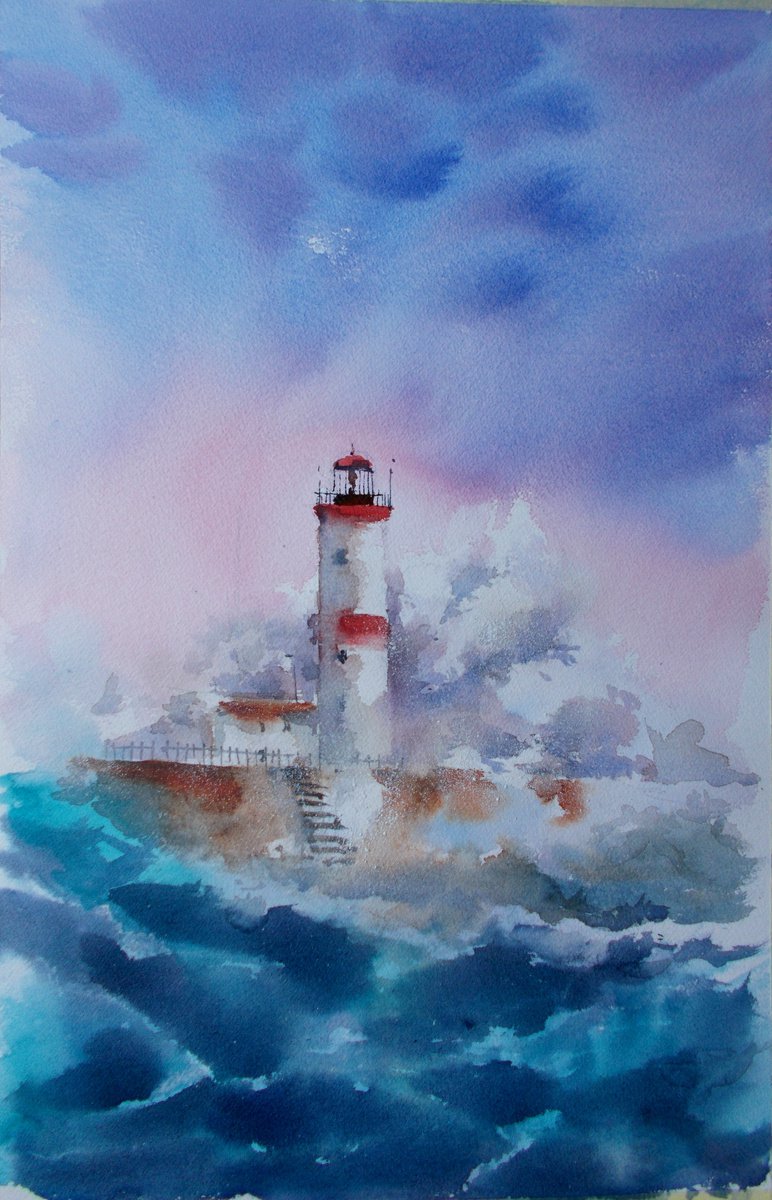 Impressionistic Landscape Watercolour By Giorgio Gosti, 14 X 21, Lighthouse 12, Original Artwork