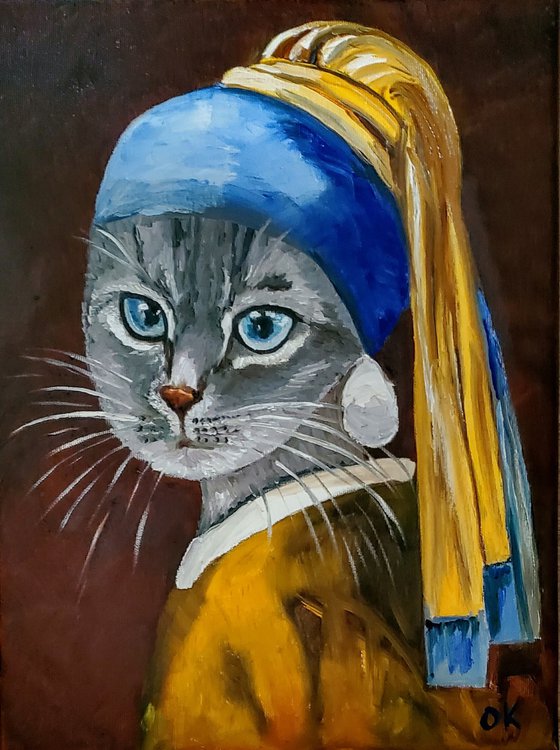 British blue Cat with the pearl earring #3 inspired by Vermeer painting feline art for cat lovers gift idea