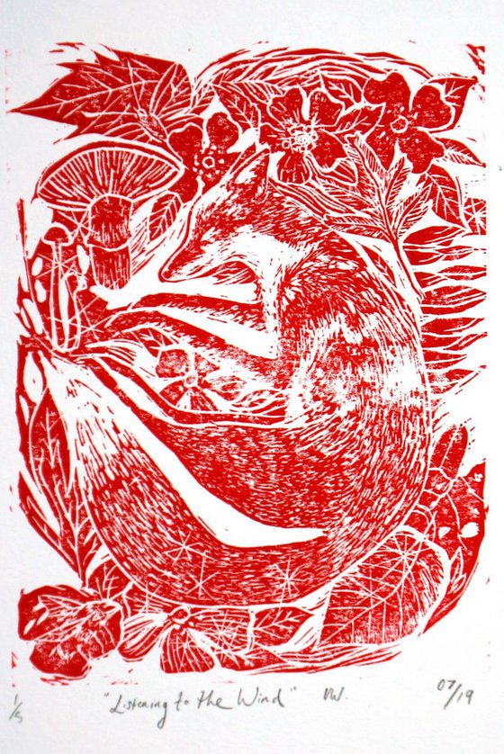 Late Summer Fruits Fox Linocut Print