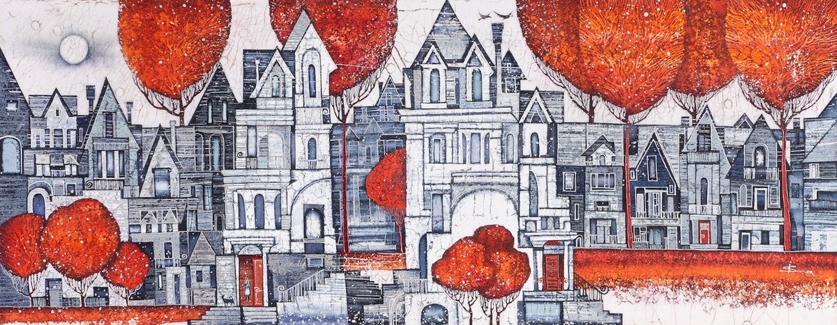 Organic Cityscapes Acrylic Painting By Julia Ismambetova, 39 X 15", The Ruby Alley, Original Artwork