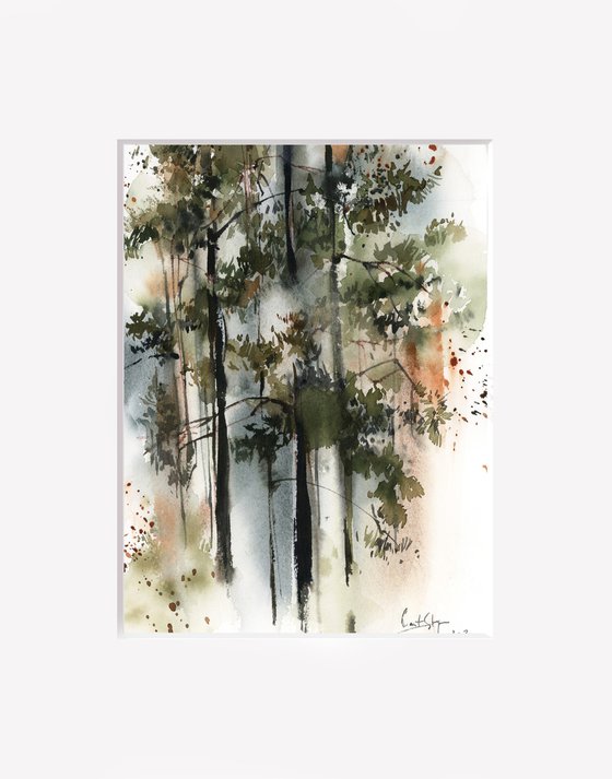 Pine Trees Landscape Watercolor Painting