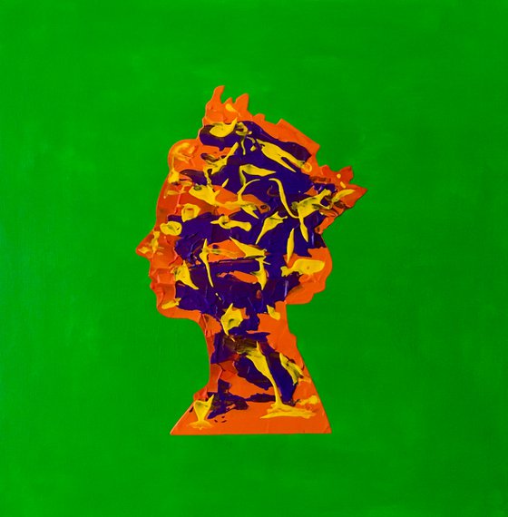 Queen #74 on yellow-green  orange and purple PAINTING INSPIRED BY QUEEN ELIZABETH PORTRAIT