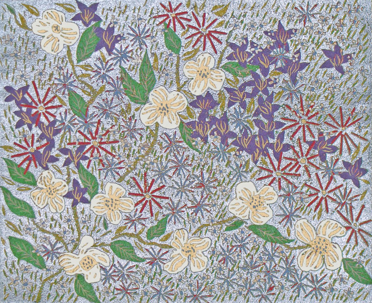 Impressionistic Botanical Linocut By Angela Maher, 12 X 10, Moonlight Serenade, Original Artwork