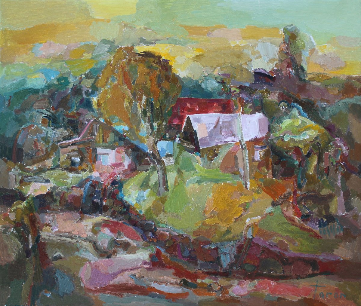 Abstract Landscape Oil Painting By Taron Khachatryan, 26 X 22", Autumn In The Village, Original Artwork