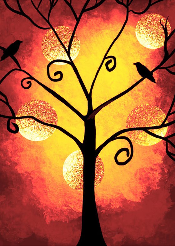 Birds of a Summer , cute lovebird tree artwork orange yellow edition