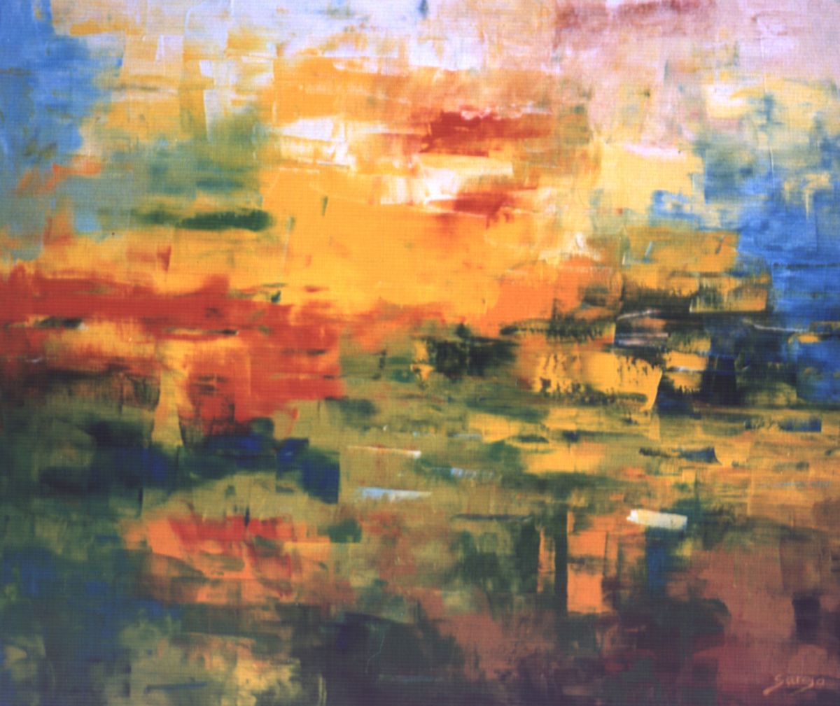 Abstract Landscape Oil Painting By Saroja Van Der Stegen, 30 X 25", Albufera, Green (Ref#:342-20F), Original Artwork