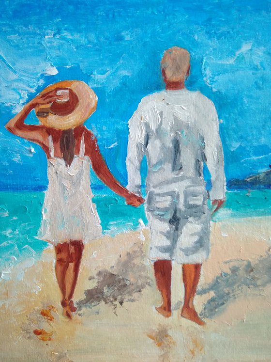 The stroll, Couple Romantic Painting Original Art Ocean Beach Wall Art