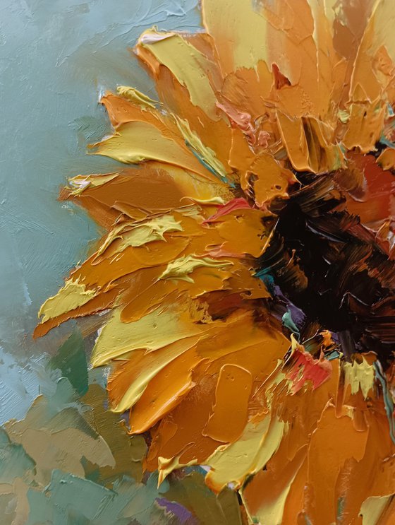 Sunflowers in field. Palette knife art