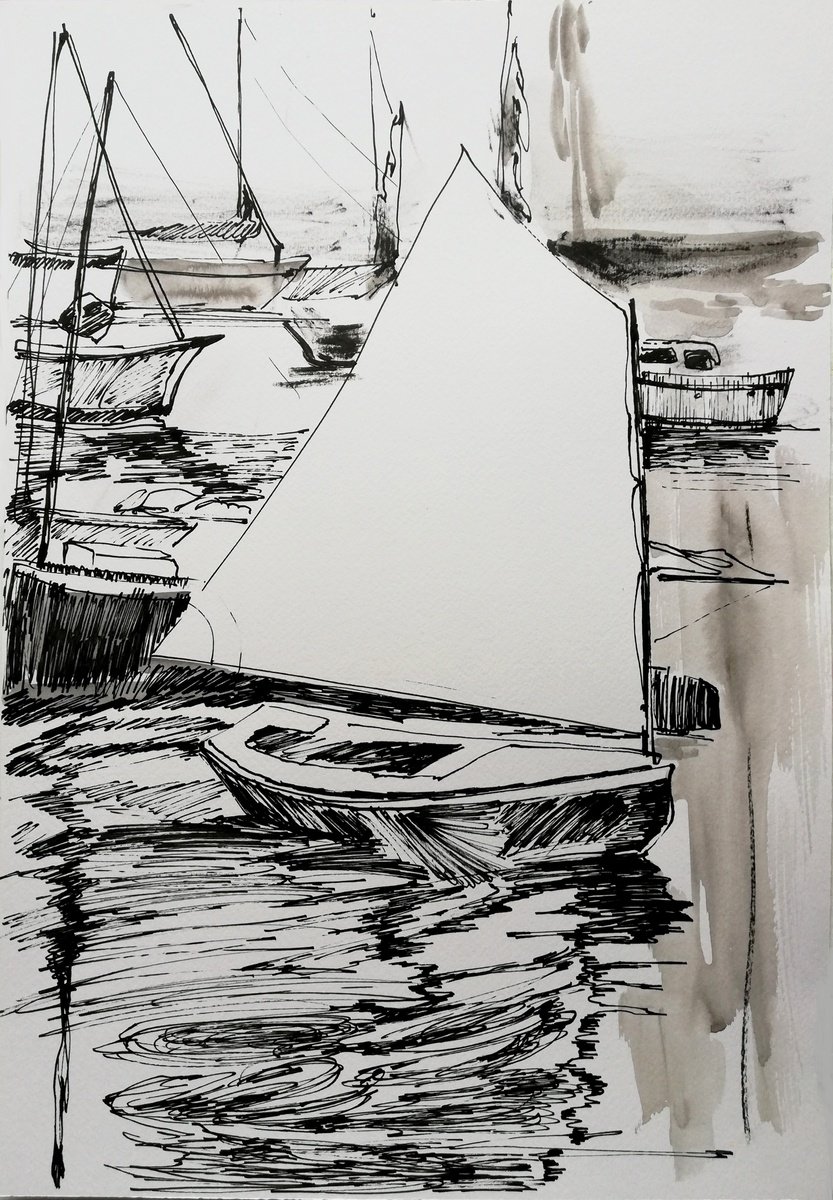 Impressionistic Landscape Ink Drawing By Jelena Djokic, 14 X 20, Sailboats, Original Artwork