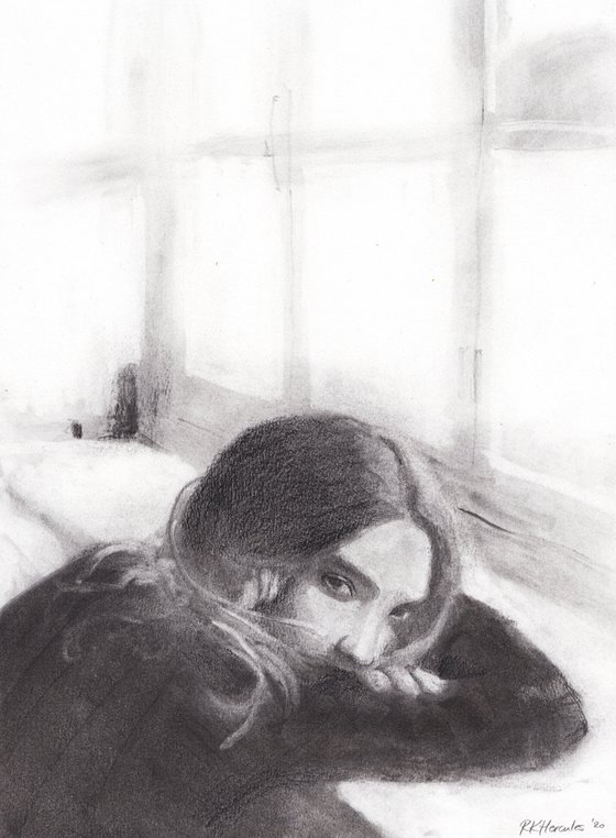 charcoal drawing of female during covid quarantine being bored