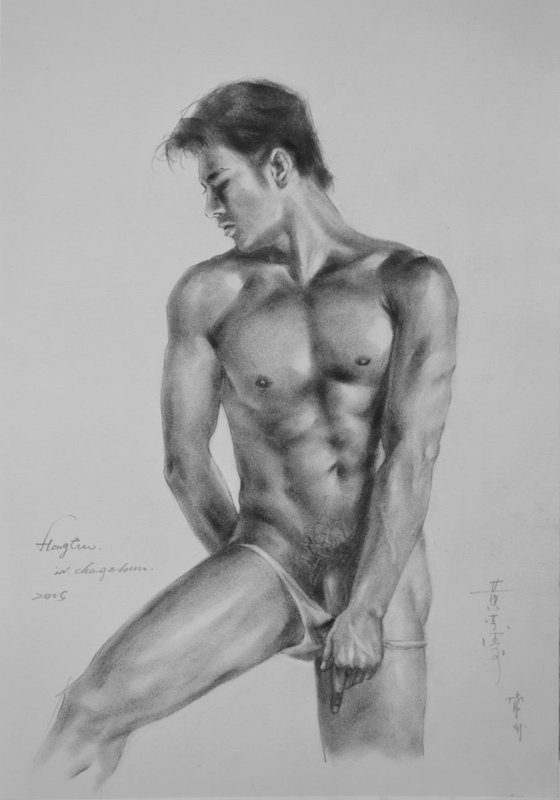 ORIGINAL DRAWING SKETCH CHARCOAL MALE NUDE  MEN ON PAPER#11-10-06