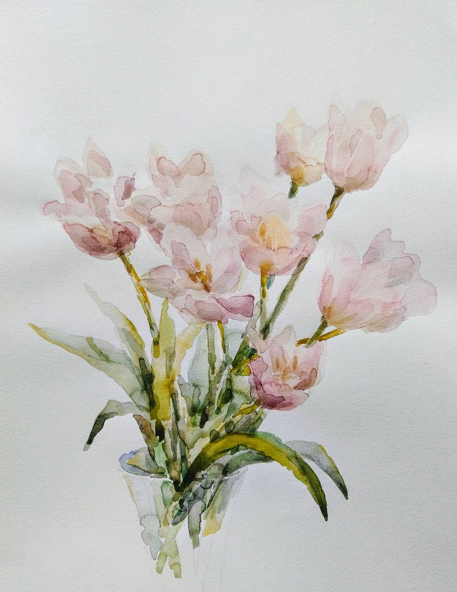 Impressionistic Botanical Watercolour By Elena Klyan, 14 X 19, Tulips. Original, Original Artwork