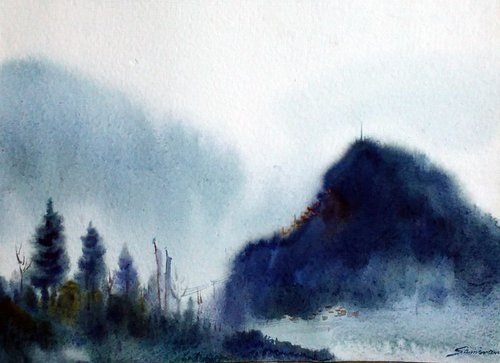 Morning Himalaya Mountain-Watercolor on Paper by Samiran Sarkar