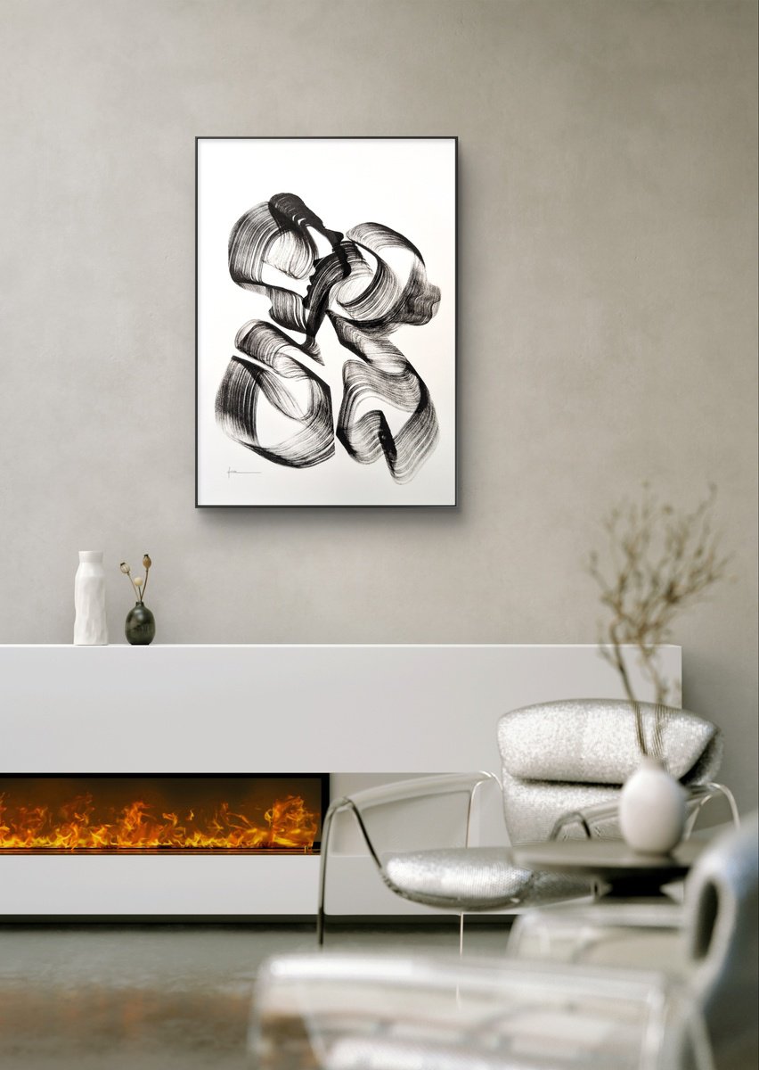 Expressive Portrait Ink Drawing By Nicol Vacaru, 15 X 22", Interwoven Souls, Original Artwork