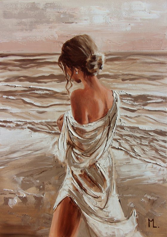 " GIRL WITH A PEARL ... "  SUN SKY SEA SAND liGHt  ORIGINAL OIL PAINTING, GIFT, PALETTE KNIFE