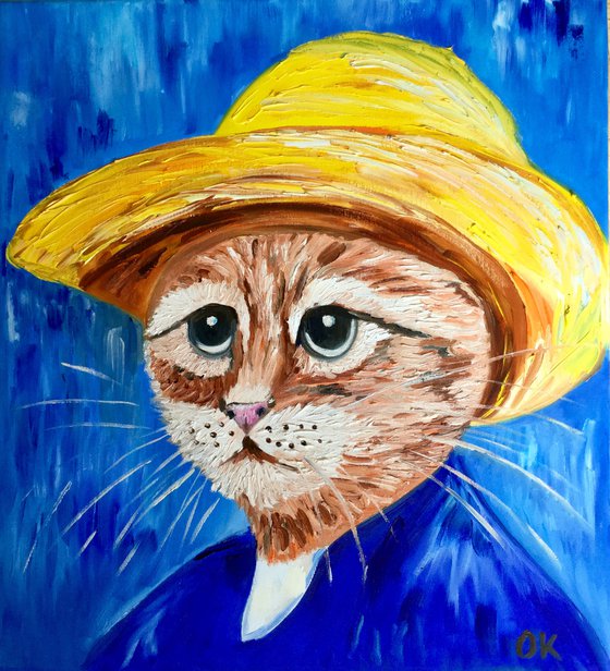 Cat La Van Gogh in a straw hat modern oil painting feline art Van Gogh influence art for animal lovers