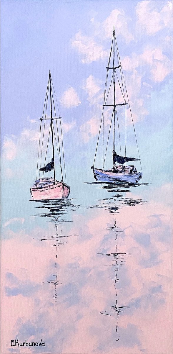 Impressionistic Landscape Oil Painting By Olga Kurbanova, 10 X 20", Calmness, Original Artwork