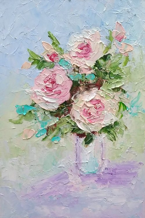 Pink Roses Painting Original Art Small Oil Artwork Flower Wall Art Floral Mini Oil Painting by Yulia Berseneva