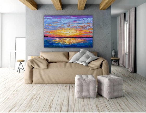 Ocean Sunset- Original Painting on Canvas, Heavy impasto seascape artwork