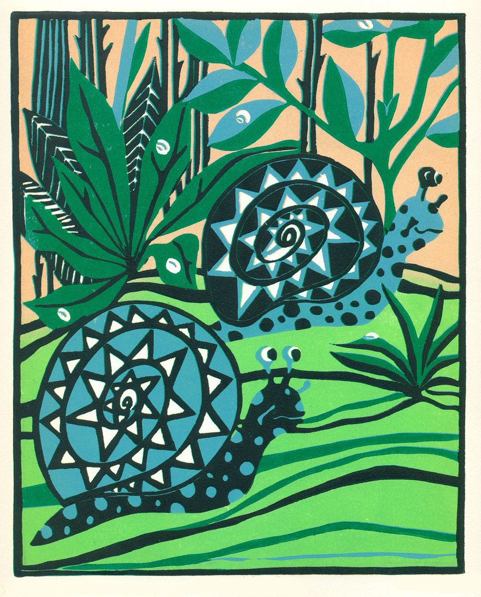 Illustrative Animal Linocut By Kate Goetz, 11 X 13", Two Little Snails, Original Artwork