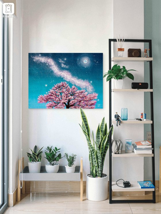 Pink sakura blossoms at night