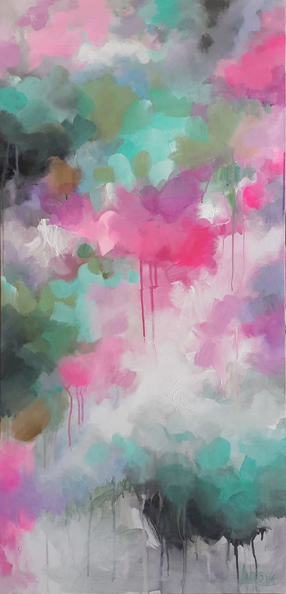 Organic Abstract Acrylic Painting By Viktoria Lapteva, 24 X 49", Spring Awakening, Original Artwork